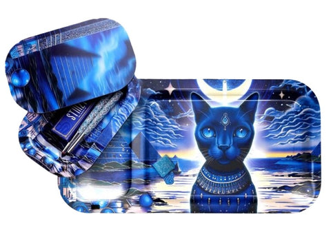 V-Syndicate ''Duotray'' Metal Rolling Tray With Stash Box - Feline Pharaoh